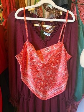 Red Paisley Satin Tie-Back Crop Top